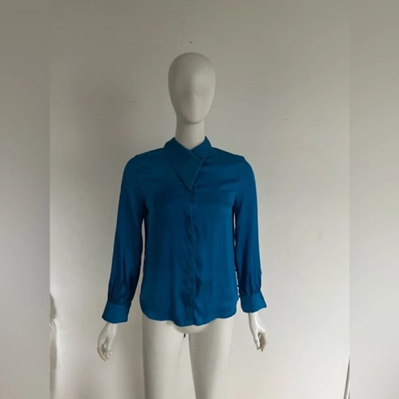 NEW Zara Size Medium Satin Effect Blouse Royal Blue Open back long Sleeve Sz XS - Picture 1 of 9